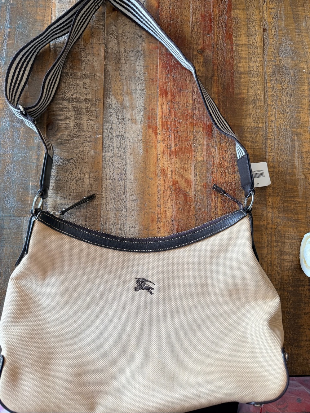 Burberry Beige Canvas Shoulder Bag with Black Trim - Picture 6 of 8